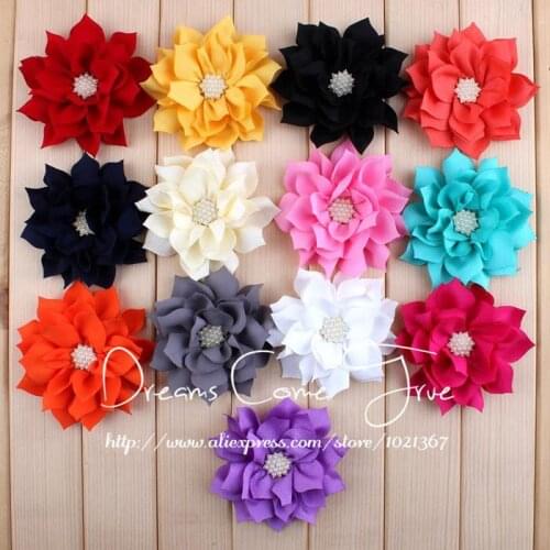 200pcs/lot 3.6" 13Colors Handmade Fabric Lotus Flowers For Hair Accessory Artificial Wedding Decorative Flowers+Pearl Buttons