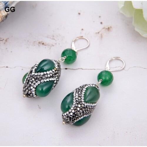 GuaiGuai Jewelry Natural Green Agate Black Rhinestone Pave Rice Dangle Lever Back Earrings For Women Girl Jewelry