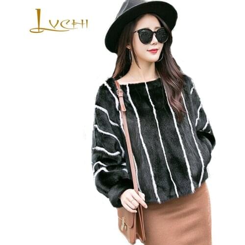 LVCHI Winter 2019 Imported Mink Coat Womens Natural Fur Coat Mink Coat Slim O-Neck Long Sleeve Striped Pullover Mink Fur Coats