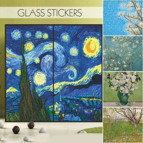 Van Gogh Starry Sky Ink Painting Glass Wall Sticker Home Decoration And Privacy Landscape Painting Wall Rectangular Sticker