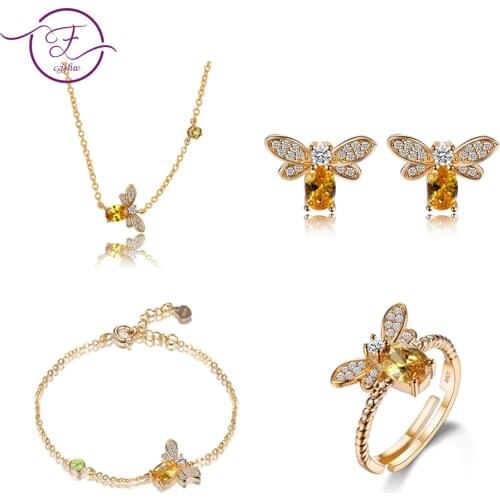 Charms Bee Design 925 Sterling Silver Jewelry Sets Citrine Pendant Necklace Earrings Ring Bracelet Jewelry Gifts For Women