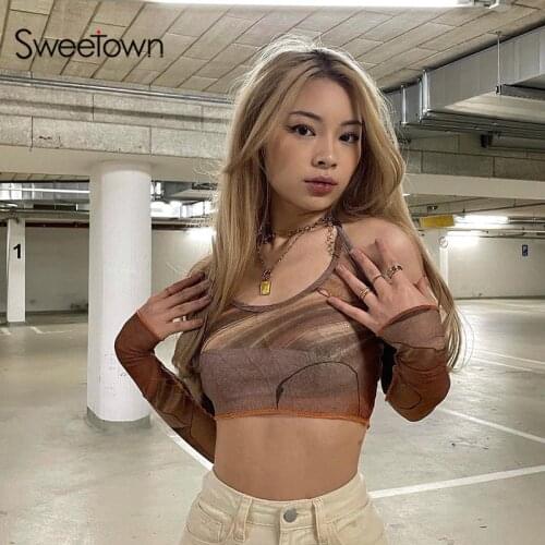 Sweetown Retro Print Brown Halter Summer Tops With Arm Gloves Brown Vintage Cute Baby Tee Y2K Fashion Cropped Woman Tshirts