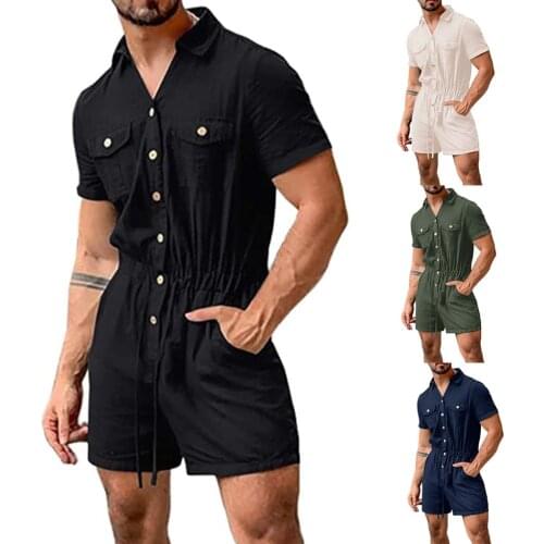 Fashion Mens Casual Shorts Sleeve One-Piece Solid Colors Loose Rompers Streetwear Drawstring Button Shorts Overalls Jumpsuit#g3
