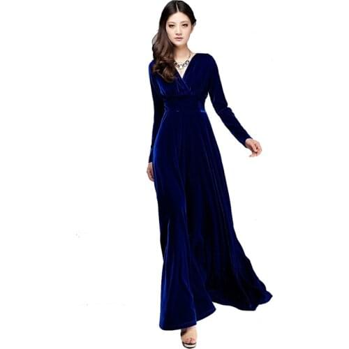 Autumn Winter Plus Size Dress Woman Fashion High Waist Long Sleeves V-Neck Drag Floor Gold Velvet Long Dresses Canonicals Women
