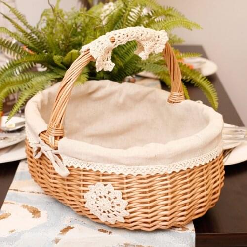Wicker Rattan Storage Basket Box Picnic Basket Fruit Flower Baskets Willow And Cloth Wooden With Lid Storage Accessories Utensil