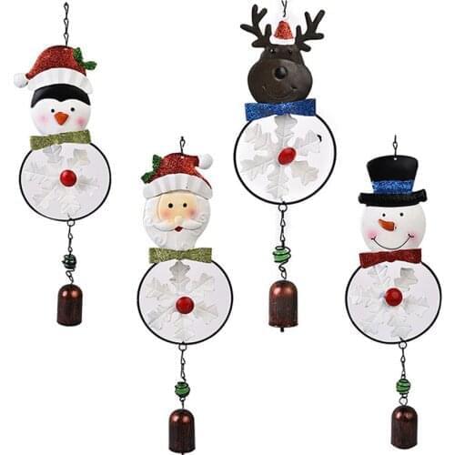 Christmas Santa Claus Elk Reindeer Hanging Pendant Wrought Iron Wind Chimes with Metal Bells for Xmas Party Embellishment