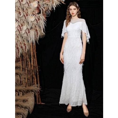 Sequins O-Neck Evening Dresses Zipper Back Short Sleeves Mermaid Fashion Ankle-length Plus size Women Formal Party Dress C1075