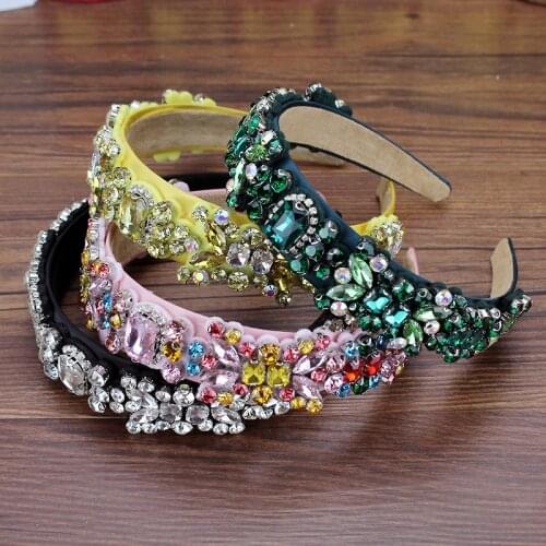 Wide Luxury Green Pink Yellow Crystal Princess Hairbands Floral Rhinestone Headbands For Women Girls Fashion Hair Accessories
