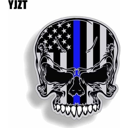 YJZT 11.4CM*13.6CM Blue Line Flag Skull Police Officer Accessories PVC Decal Car Sticker 6-0082