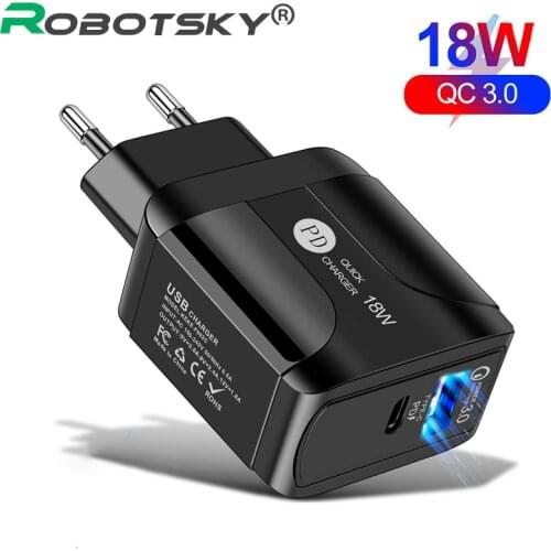 Robotsky 18W US/EU/UK Fast Charging QC3.0 PD Charger USB Type C Fast Charger For iPhone Samsung Xiaomi Mobile Phone Charger