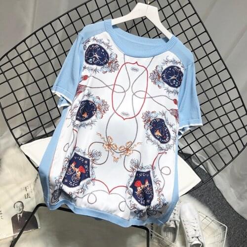 ALPHALMODA 2020 Summer Satin Printed Loose Knit T-Shirt Round Neck Short-sleeved Women Fashion Clothing Top