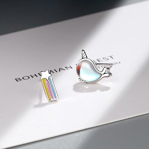 Simple 925 Sterling Silver Asymmetric Rainbow Unicorn Stud Earrings For Women Party Wedding Jewelry Female pendientes eh1395