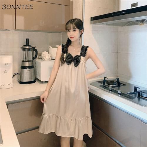 Women Nightgowns Bow Elastic Knee-length Ruffles Sweet Princess Korean Style Kawaii Lovely Loose Soft Summer Sleepwear Female