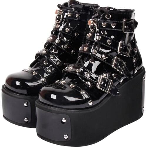 Angelic imprint new Women motorcycle punk boots lady short ankle Boots woman high trifle big heels pumps party shoes rivets 208