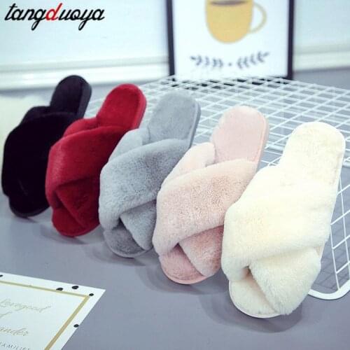 Women Fluffy Winter Sandal Cross Plush Open Toe Sandal Soft Flat Shoes Warm Faux Fur Slipper Home Female Shoes furry slippers