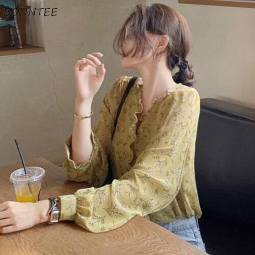 Shirts Womens Loose Chiffon Floral V-Neck Leisure Tender Fashionable Comfortable Female Blouses Korean Style Stylish All-match