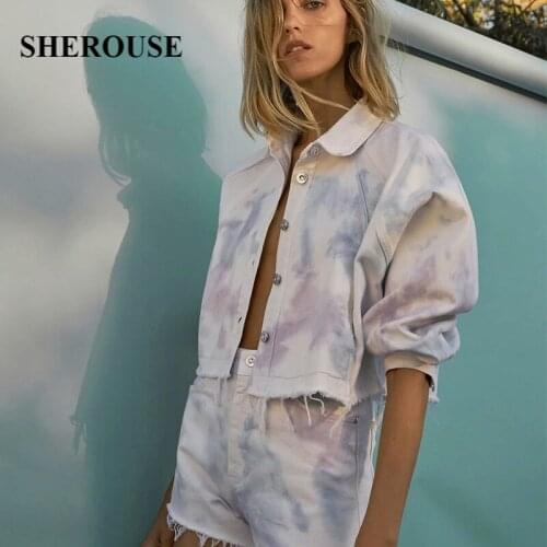 2021 New Summer Women 2 Pieces Set Tie Dye Denim Cropped Jacket And Shorts Suit Chic Lady Fashion Casual Women Suit