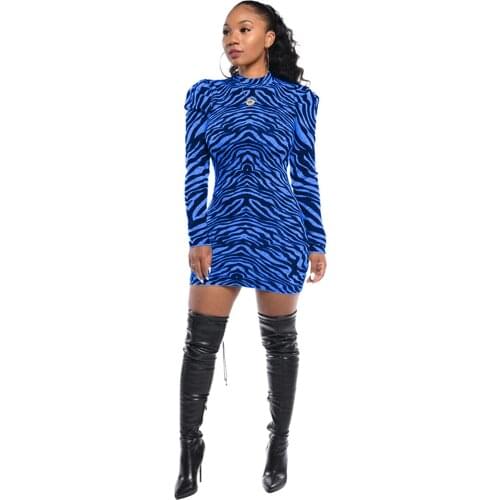 S-XXL Womens Zebra PatternClub Dress Long Sleeves Bodycon Pencil Mini Dresses