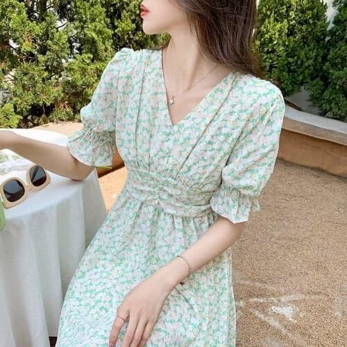 Puff Sleeve Short Sleeve Floral Print Dress WomenS 2021 Summer Bohemian Party Elegant High Waist V-Neck Mini Sun Dress