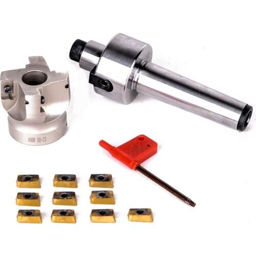 1Pcs MT3-FMB22-M12 Morse Taper + 4 Flute 400R 50-22 Face End Mill + 10Pcs APMT1604 Inserts with T15 Wrench For CNC Milling Tools