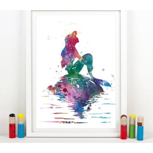 Watercolor Princess Little Mermaid Poster Nursery Wall Art Picture Canvas Painting Girls Room Wall Decor