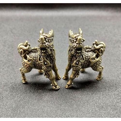 Antique Solid Brass unicorn Miniature Figurines Retro Copper Animal Tea Pet Desktop Ornament Decor Crafts Keychain Pendants