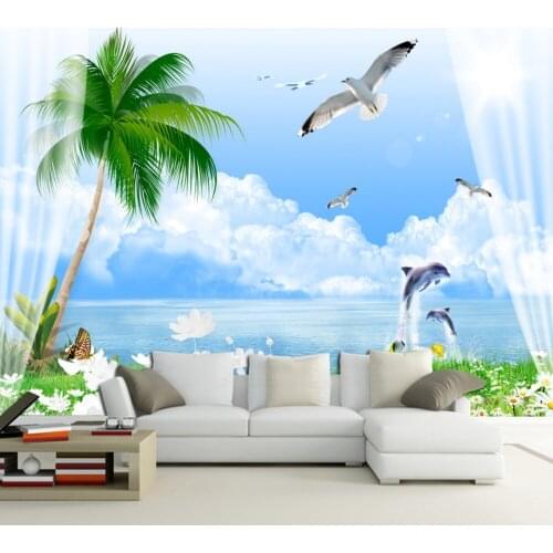 Free Shipping Fresh Beautiful Living Room TV Sofa Wall Custom 3D Seascape Wallpaper Dolphin Jumping White Blossoming Wallpaper