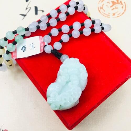 Pure natural Emerald jade carved light green unicorn pendant three-color jade bead necklace men and women sweater chain