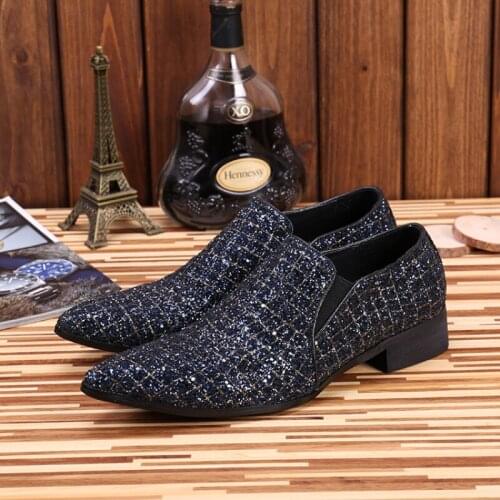Christia Bella Large Size Pointed Toe Men Fashion Party Shoes Classic Man Sequins Genuine Leather Slip on Shoes Male Dress Shoes