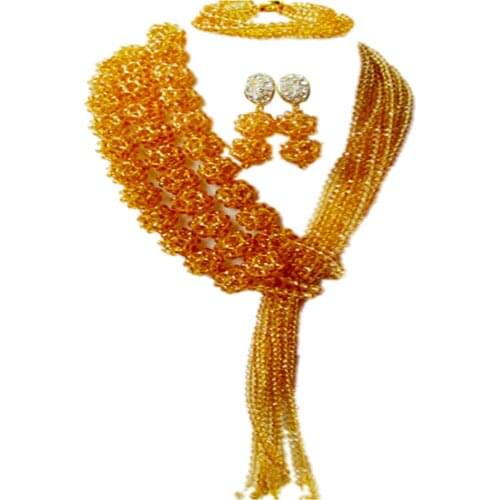 Champagne Gold Crystal Costume African Jewelry Set for Womens Nigerian Wedding Necklace Sets 3CQST08