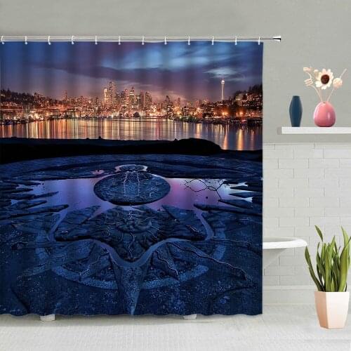 City Night View Shower Curtain Castle House Architecture Scenic Bathroom Wall Hanging Curtains Waterproof Hook Screen Home Decor