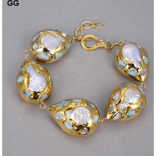 GuaiGuai Jewelry Natural White Coin Freshwater Pearl Blue larimar Chips Pave Gold Color Plated Wrap Bracelet For Women Lady Gift