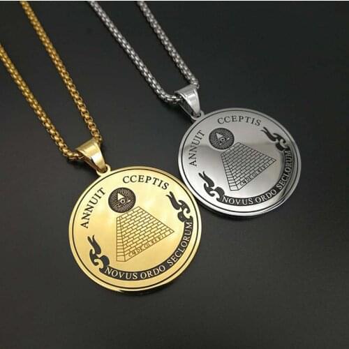 Hip Hop Stainless Steel Illuminati Eye Annuit Cceptis Novus Ordo Seclorum Masonic Pendant Necklaces for Men Fashion Jewelry