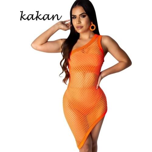 Kakan sexy big mesh print dress three-piece sexy nightclub diagonal shoulder irregular perspective dress party dress