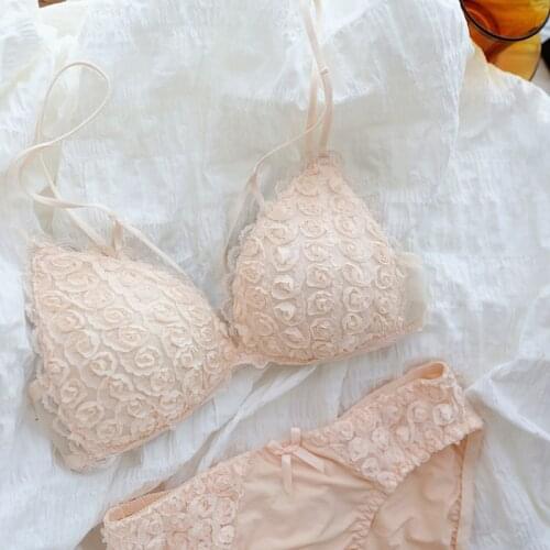 Retro rose petal three-dimensional underwear set wirefree thin small chest micro gathered lingerie thin shoulder strap bra