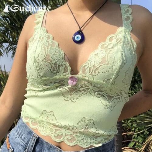 SUCHCUTE Female y2k Aesthetic Lace Edge Cute Crop Tops Summer Streetwear E Girl 90s Outfits Sexy V-Neck Tank Tops Clubwear