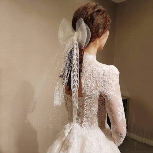 Korean Bowknot Hair Styling Mesh Ribbon Simple Fairy Lace Veil Bridal Wedding Accessories Girls Performance Dress Headwear