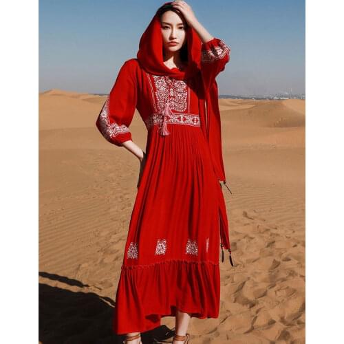 Summer Bohemian Seaside Vacation Beach Style Long Dress Southeast Asian Ethnic Style Retro Embroidered Hooded Red Dress