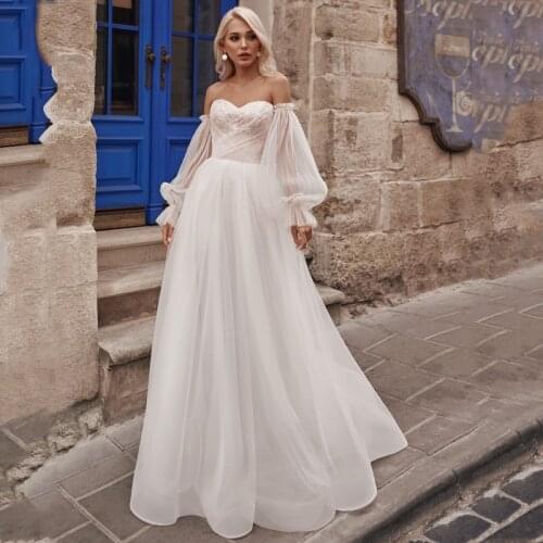 Sweetheart Removable Long Sleeve Pleats Applique Lace Button Tulle A-Line Wedding Dress 2021 Vestido De Noiva Bridal Gown