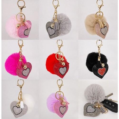 Cute Pompom Keychain Charm Loving Heart Pendant For Women Bag Car KeyRing Mobile Phone Fine Jewelry Accessories Kids Girl Gift