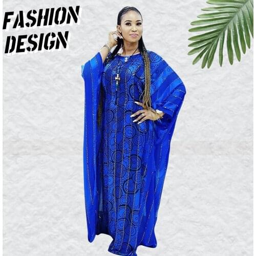 New Fashion Bazin Print Dashiki African Dresses for Women Abaya Dubai Batwing Sleeve O Neck Summer Long Maxi Dress