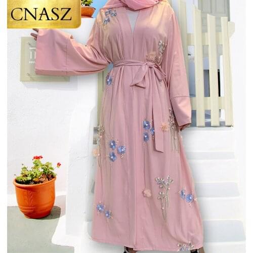 New Arrivals Middle East Turkey Design Islamic Fashion 3D Flower Embroidery Soft Open Long Kimono Abaya Dubai Muslim Women
