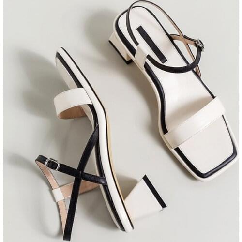 EGTPINAOP Women Shoes Genuine Cow Leather Sandals2021 Summer Sandals Narrow Band Color Matching Mid Heel Shoes Fashion Japanese