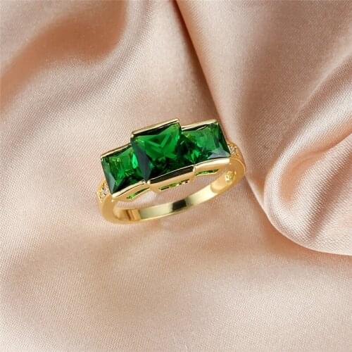 Vintage Female Green Crystal Jewelry Charm Gold Color Wedding Big Rings For Women Square Zircon Engagement Valentines Day Gift