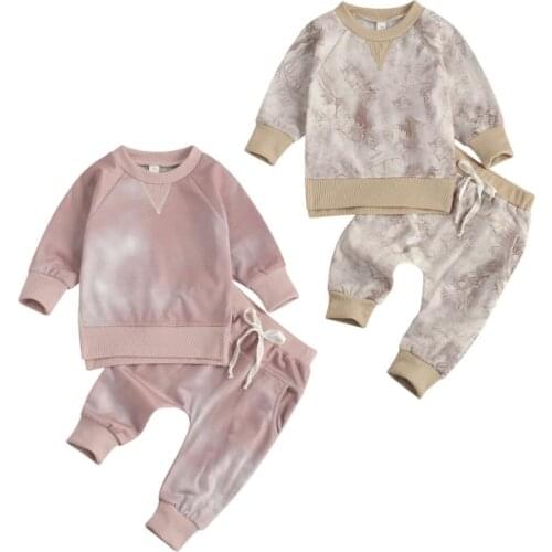 Wallarenear 0-24M 2 Pcs Newborn Baby Boy Tie Dye Outfits Infant Long Sleeve Round Neck Pullover + Tie Up Pants with Pockets