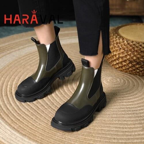 HARAVAL Women Ankle Boots Shoes Thick Bottom Autumn Winter Elegant Fashion Platform Round Toe Genuine Leather Boots Shoes E460L