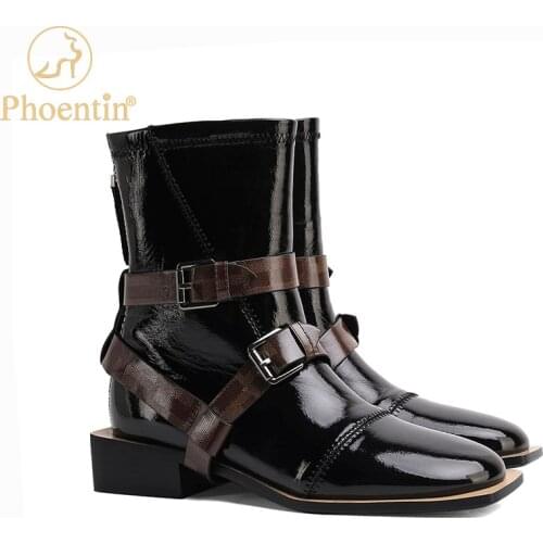 Phoentin belts buckle Gladiator boots punk style Combat boots women square toe back zip closure low heels large size shoe FT1088