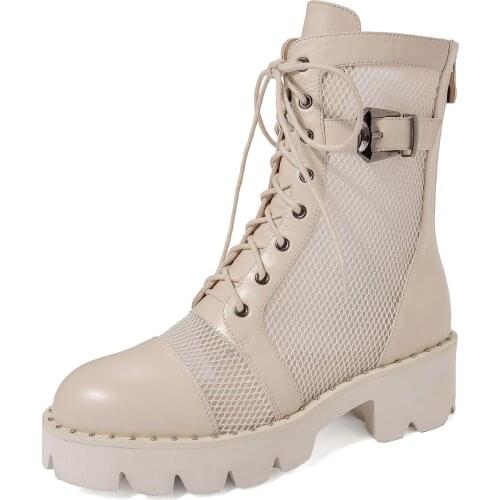 Kmeioo Summer Womens Boots Hollow out Air mesh Middle barrel Genuine leather boots spring and autumn Martin boots High heels