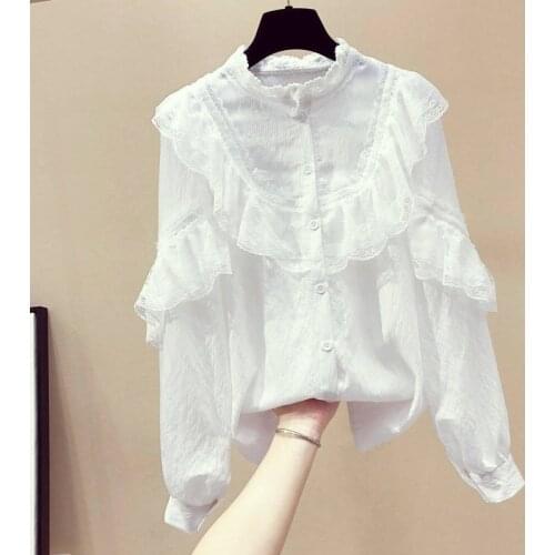 Womens long-sleeved shirts 2021 spring and autumn fashion new Korean style ruffled shirt design sense of versatile casual tops