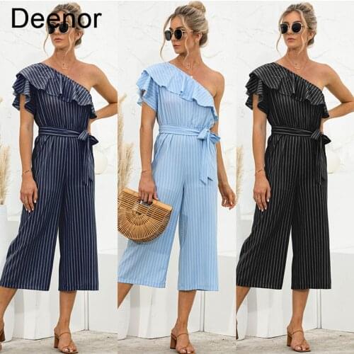 Deenor Elegant Sexy Jumpsuits Women off the Shoulder Stripe Jumpsuit Wide Leg Pants Rompers Holiday High Waist Jumpsuit